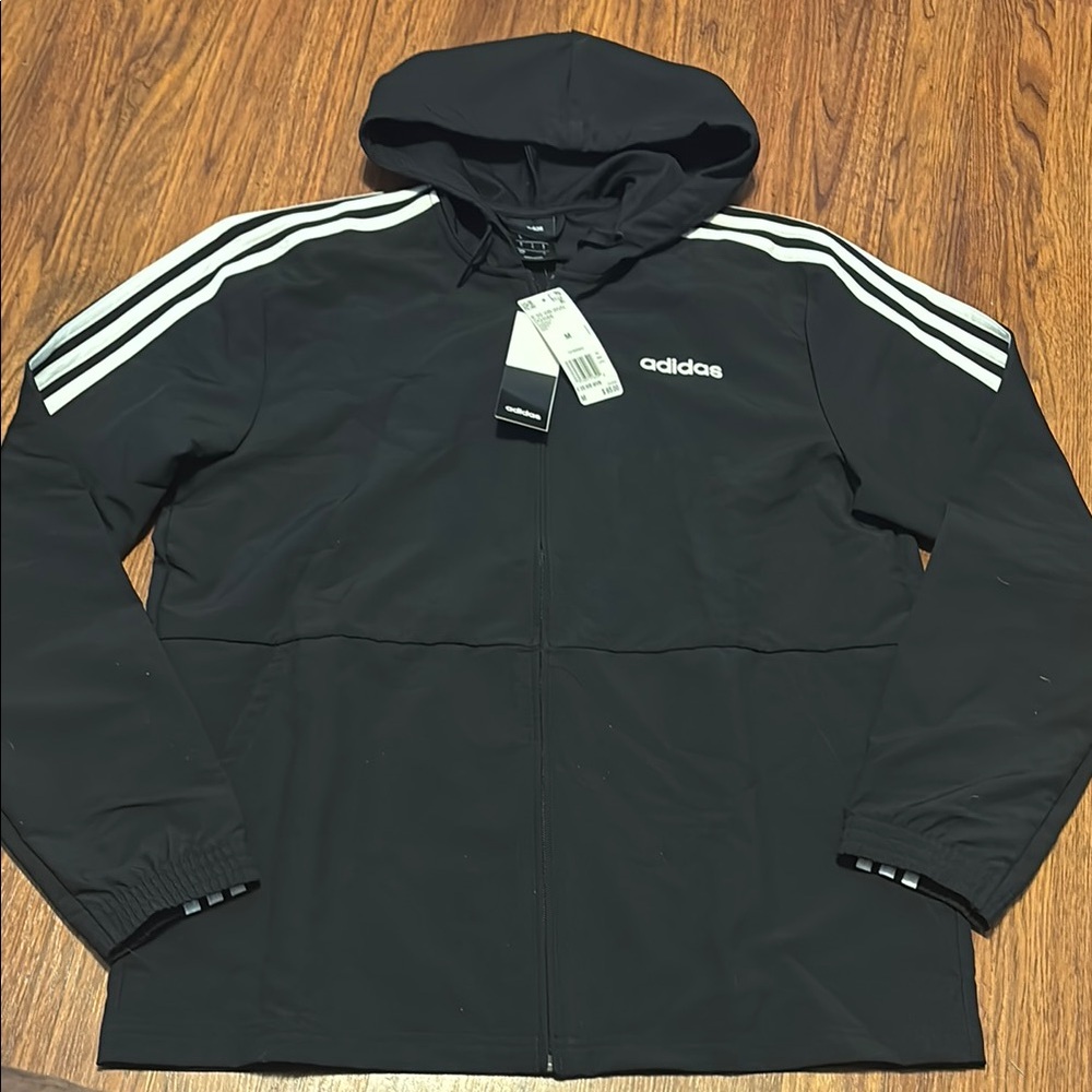 Adidas Black Windbreaker with Hood and Three Stripes